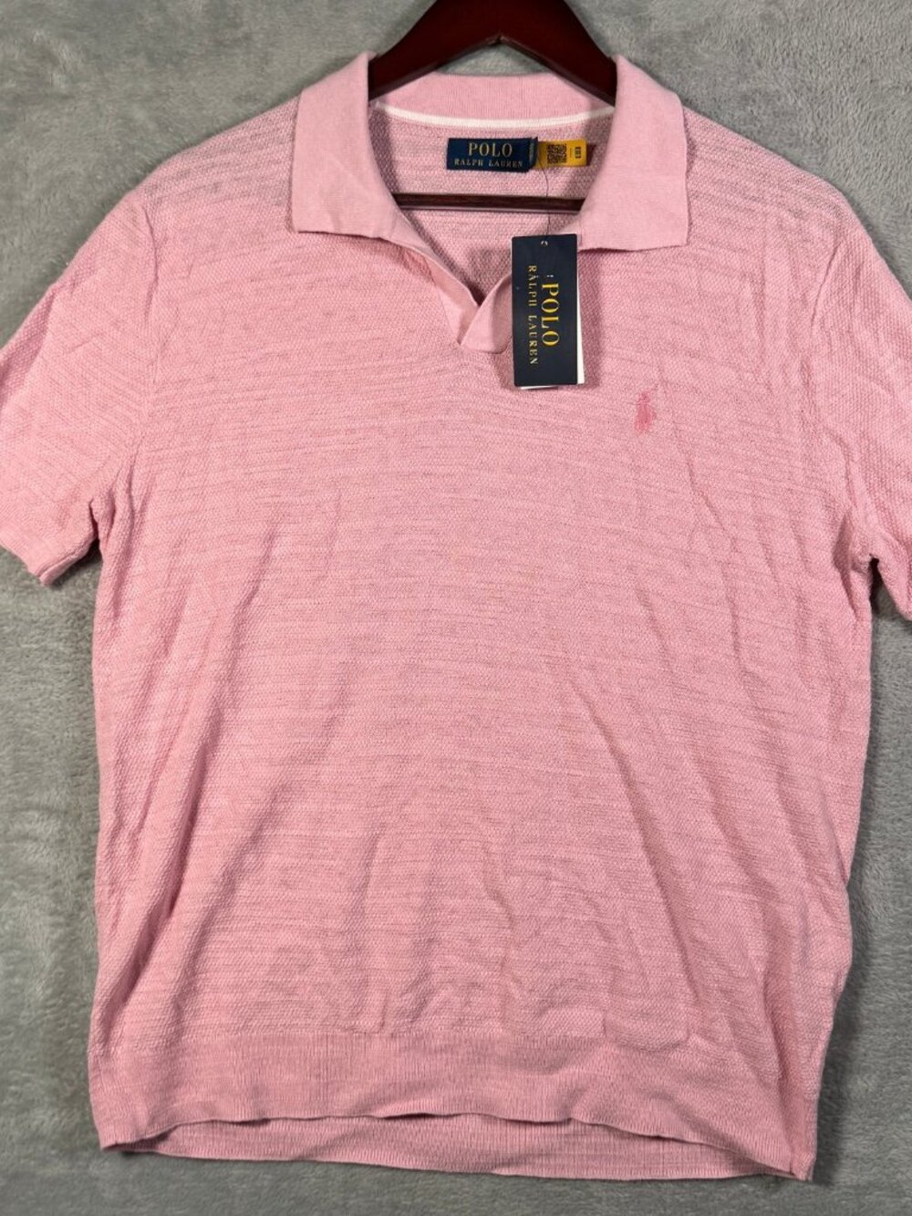 Polo Ralph Lauren Shirt Mens S Pink Knit Johnny Collar Cotton Linen Sweater $130